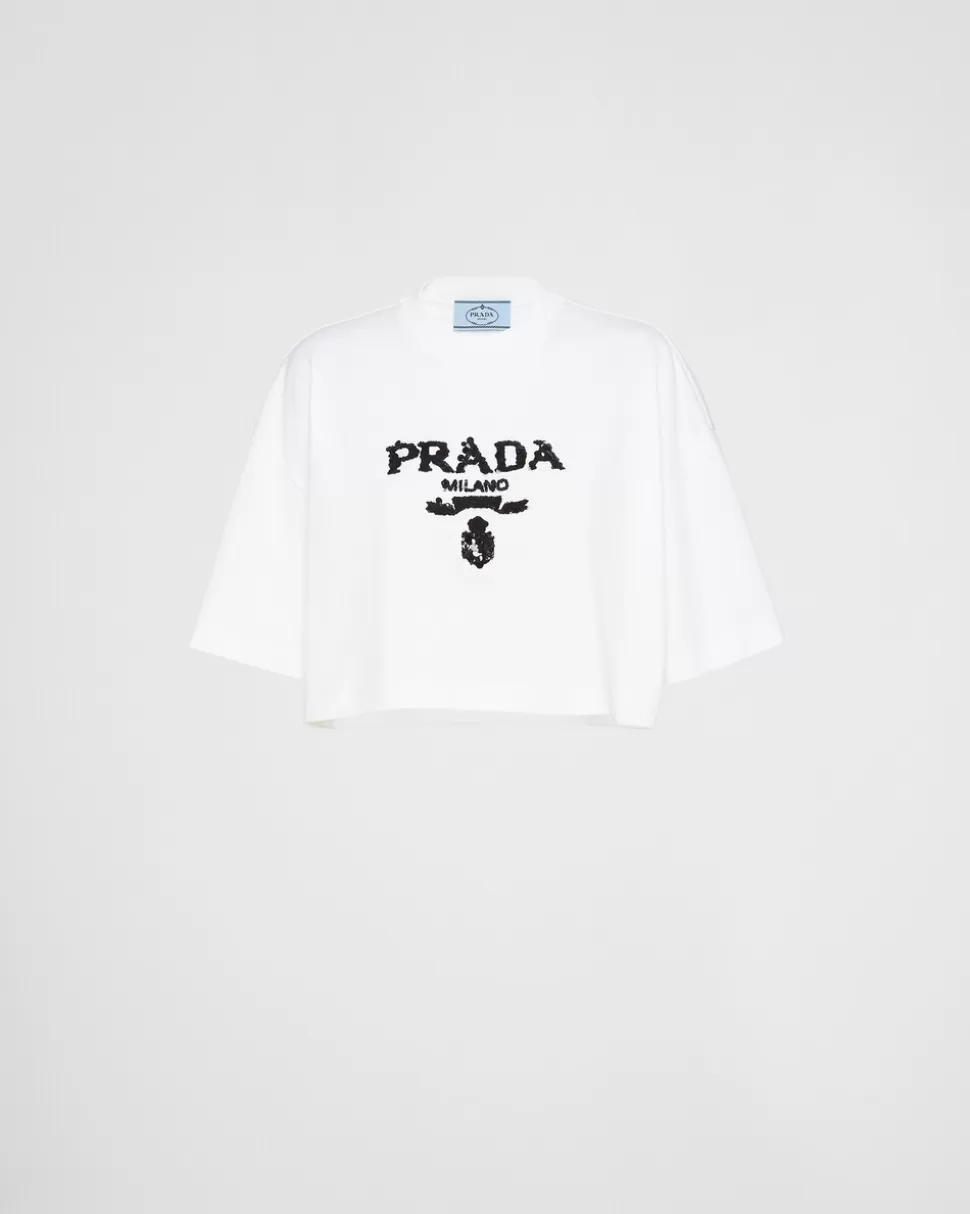 Best Sale Prada Besticktes, Kurzes T-shirt Aus Interlock Weiss