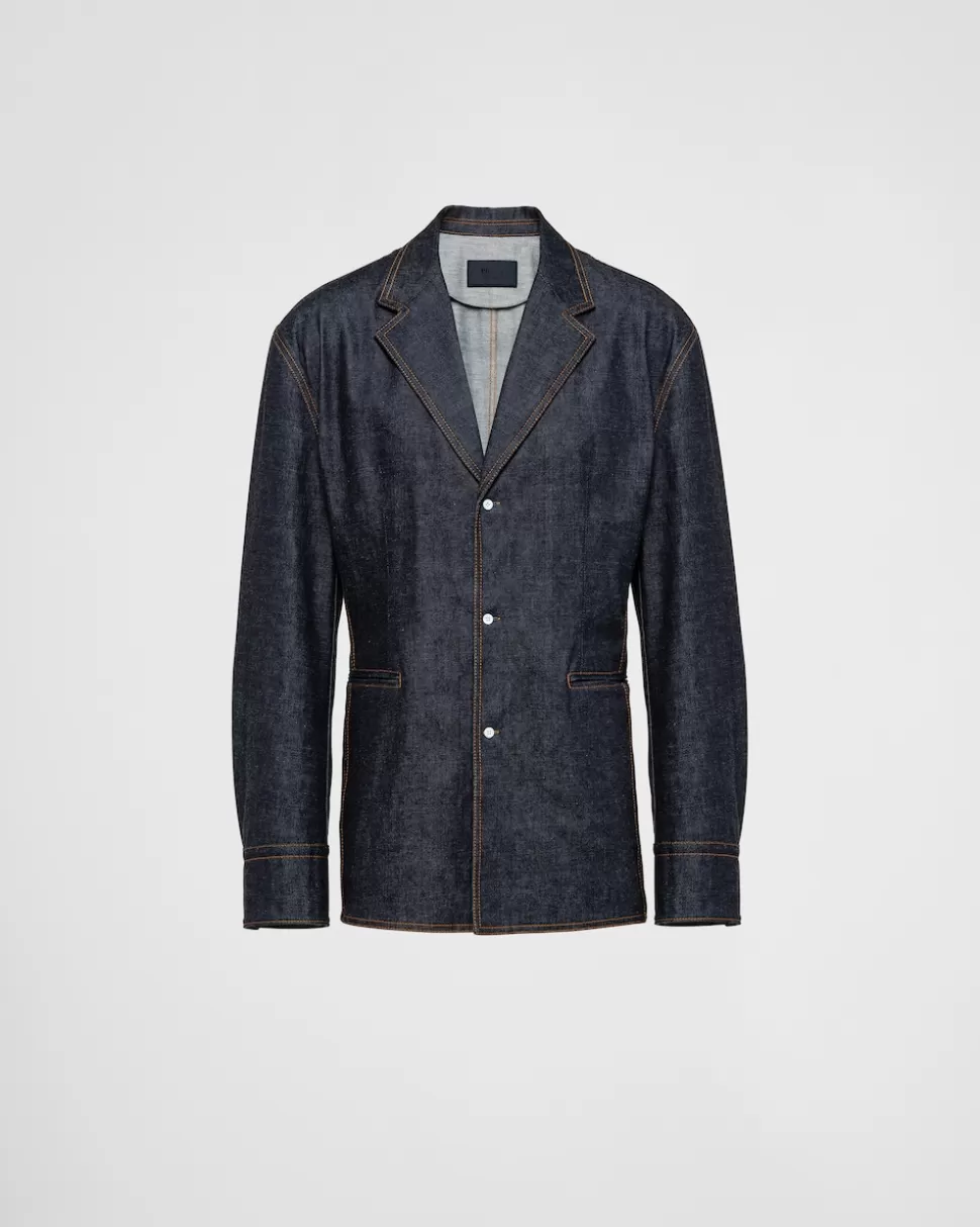 Best Prada Einreihige Jacke Aus Denim Blau