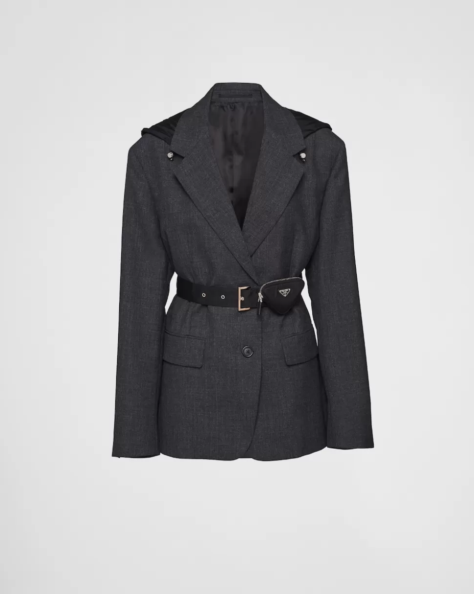 Cheap Prada Einreihige Jacke Aus Wolle Und Re-nylon Schiefergrau