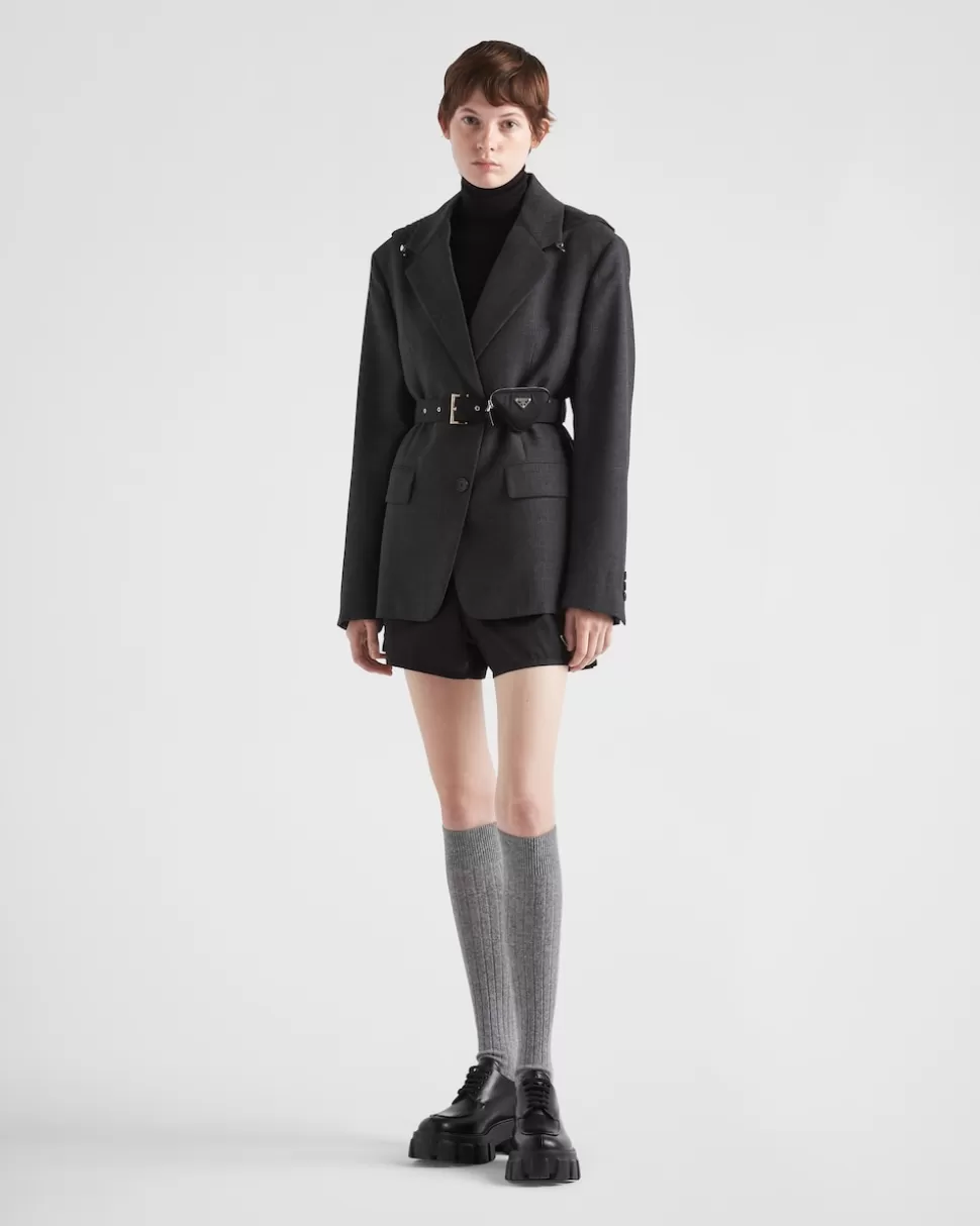 Cheap Prada Einreihige Jacke Aus Wolle Und Re-nylon Schiefergrau