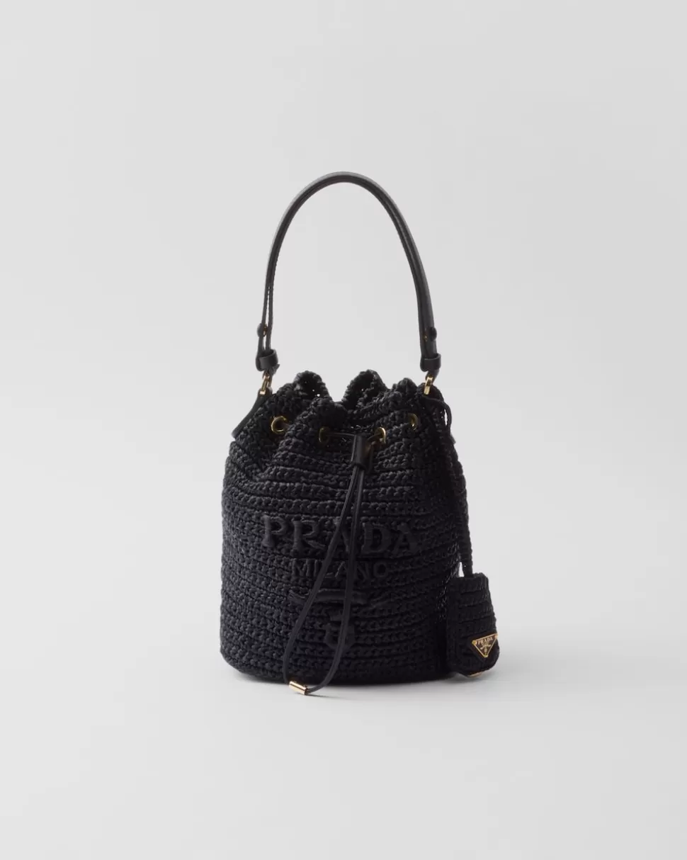 New Prada Gehäkelte Mini Bucket Bag Aus Leder Schwarz