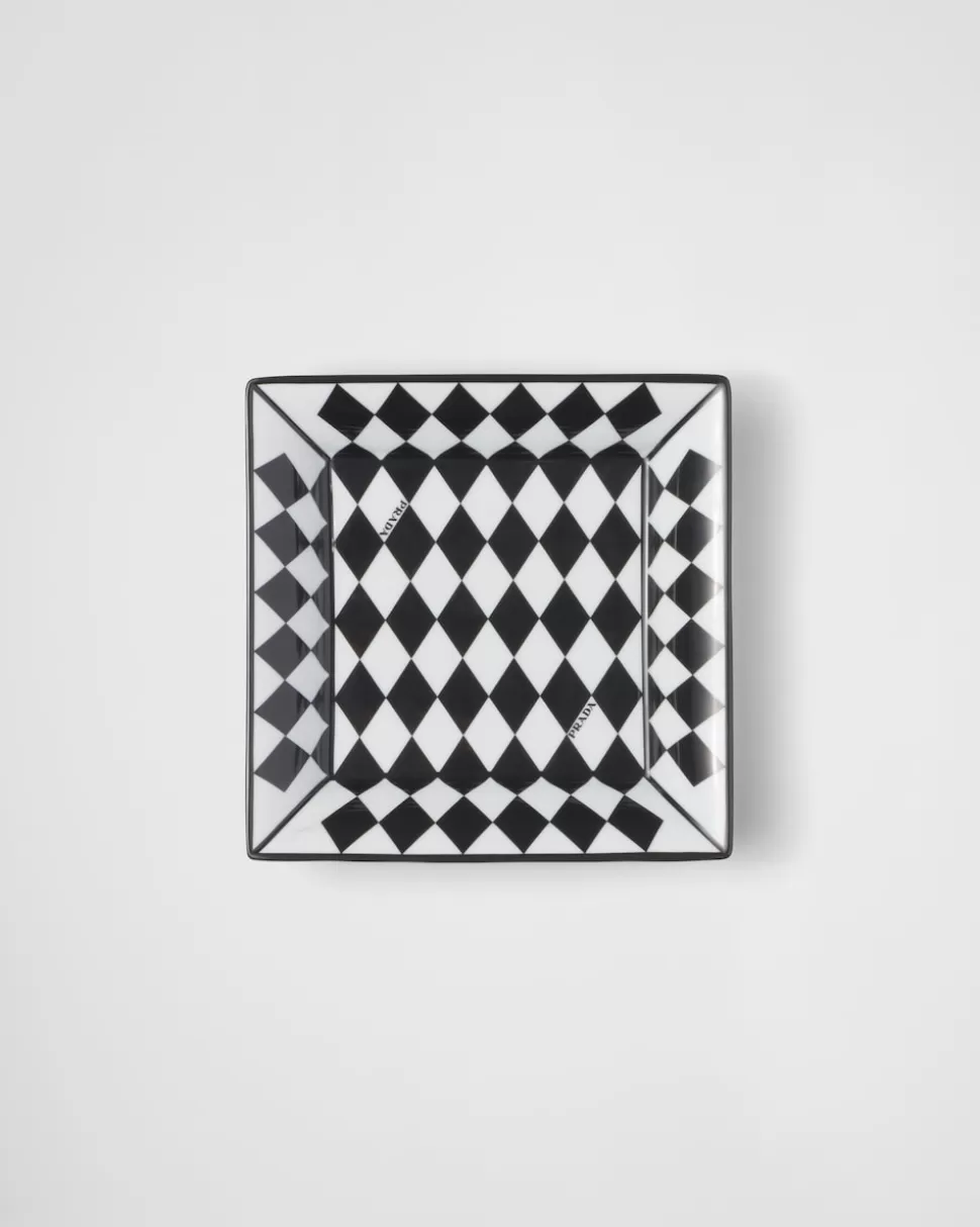 Best Prada Große Quadratische Ablageschale Aus Porzellan – Checkerboard Weiss/Schwarz