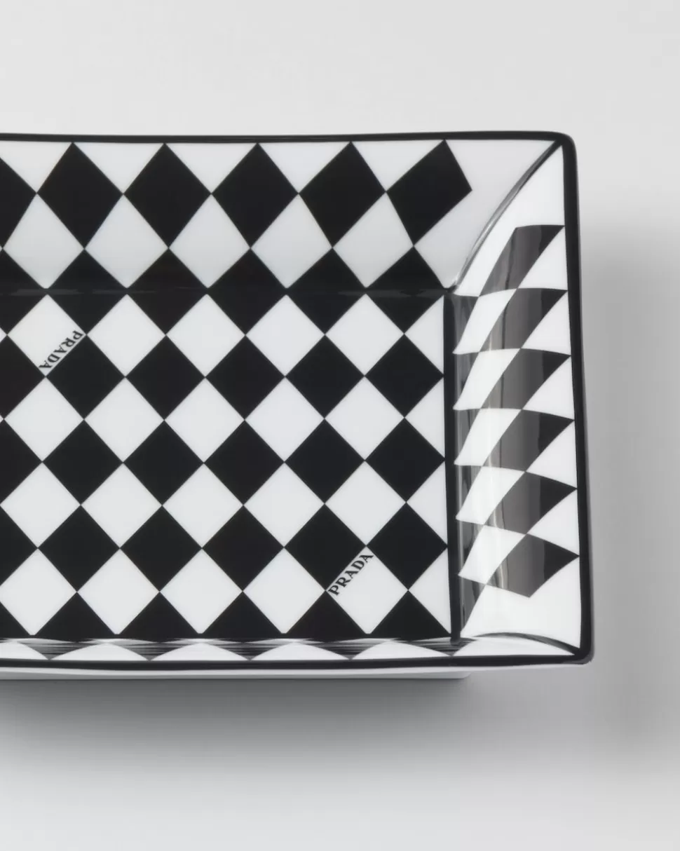 Best Prada Große Quadratische Ablageschale Aus Porzellan – Checkerboard Weiss/Schwarz