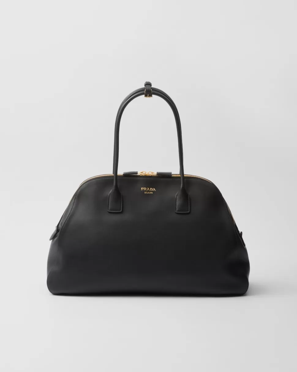 Fashion Prada Große Tote Bag Aus Leder Mit Reißverschluss Schwarz