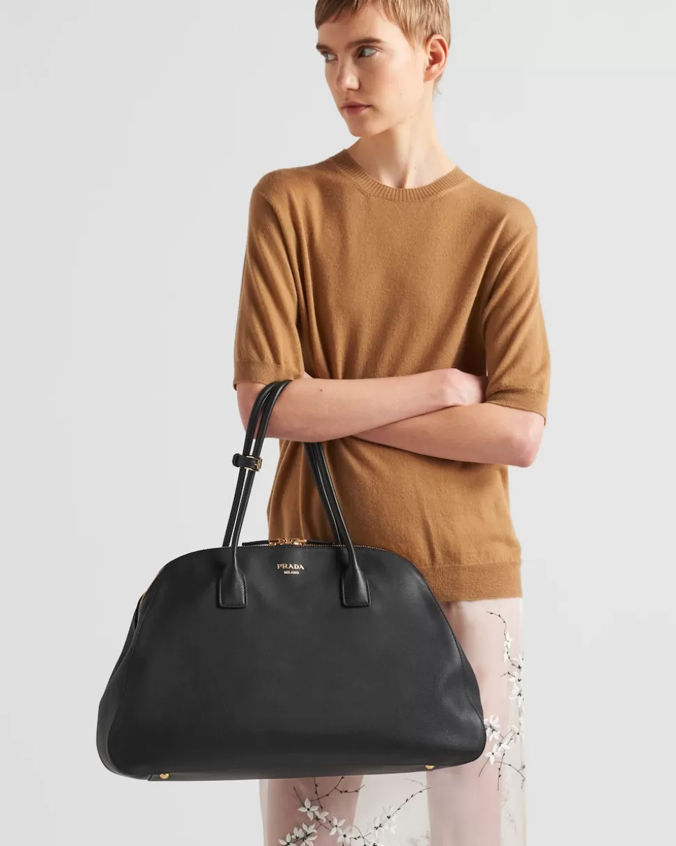 Fashion Prada Große Tote Bag Aus Leder Mit Reißverschluss Schwarz