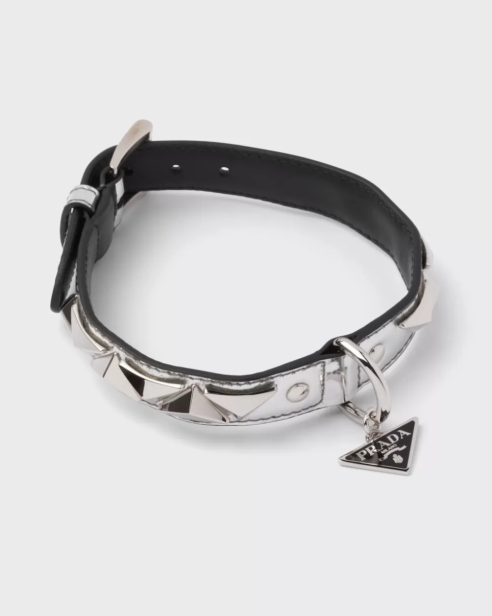 Best Sale Prada Hundehalsband Aus Gebürstetem Leder Mit Nieten Silber