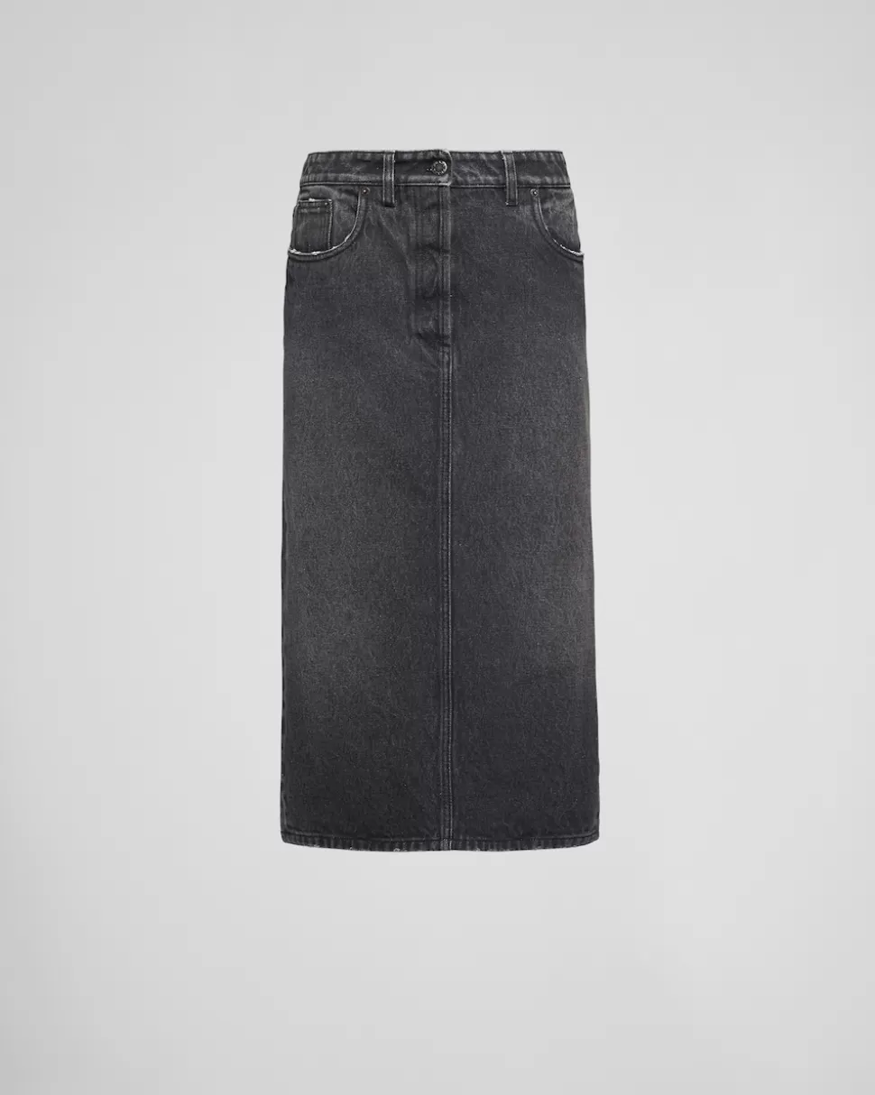 Cheap Prada Langer Rock Aus Denim Schwarz