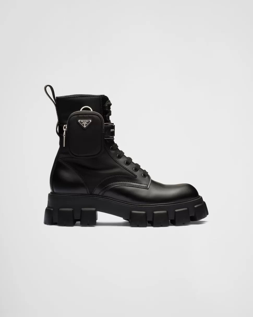 Outlet Prada Monolith Stiefel Aus Gebürstetem Leder Und Re-nylon Schwarz