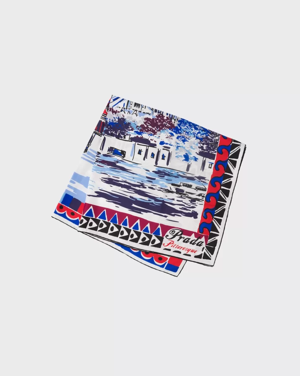 Cheap Prada Pittoresque Paris-print 90 Seidentuch Marineblau