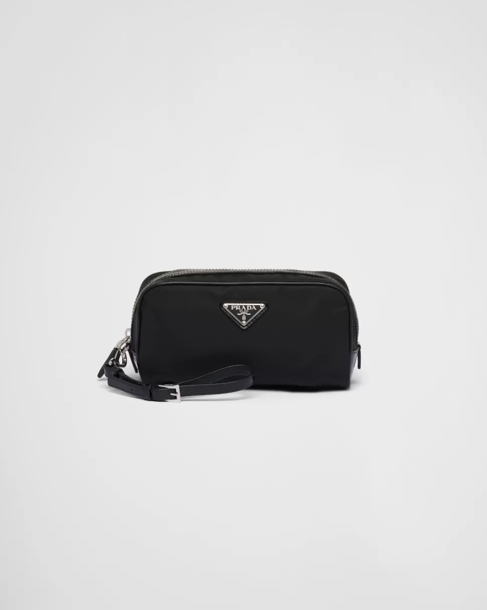 New Prada Pouch Aus Re-nylon Und Gebürstetem Leder Schwarz