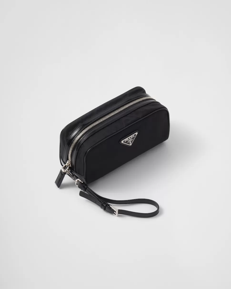 New Prada Pouch Aus Re-nylon Und Gebürstetem Leder Schwarz