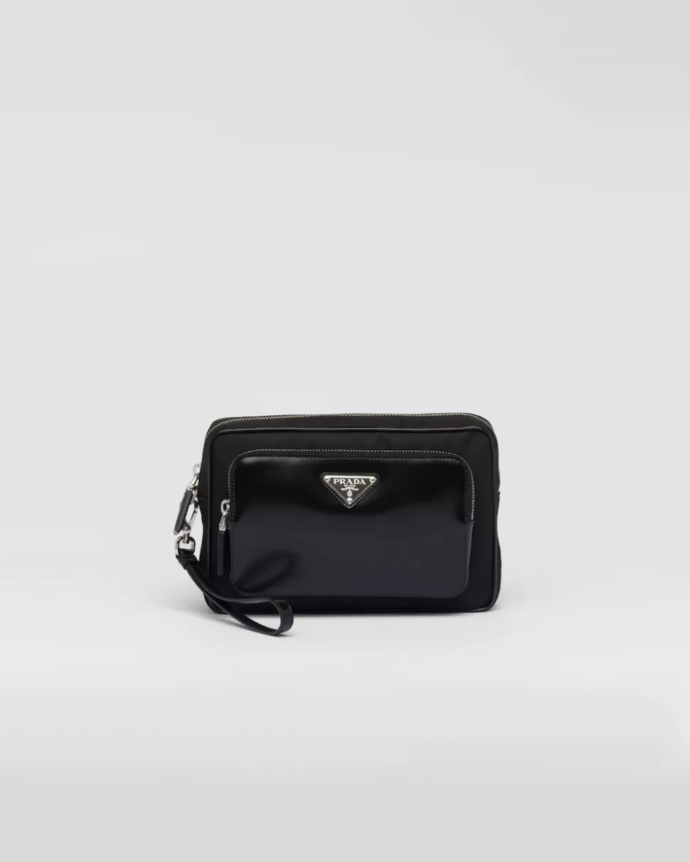 New Prada Pouch Aus Re-nylon Und Gebürstetem Leder Schwarz