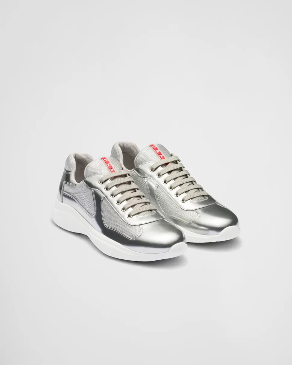 Discount Prada America’s Cup Sneaker Aus Metallic-leder Und Bike-gewebe Silber