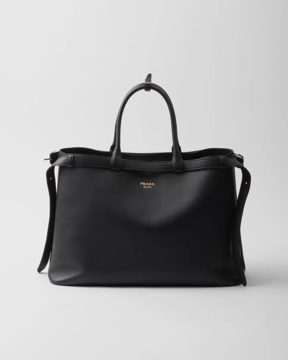 Best Sale Prada Buckle Handtasche Aus Leder Mit Doppeltem Gürtel Schwarz