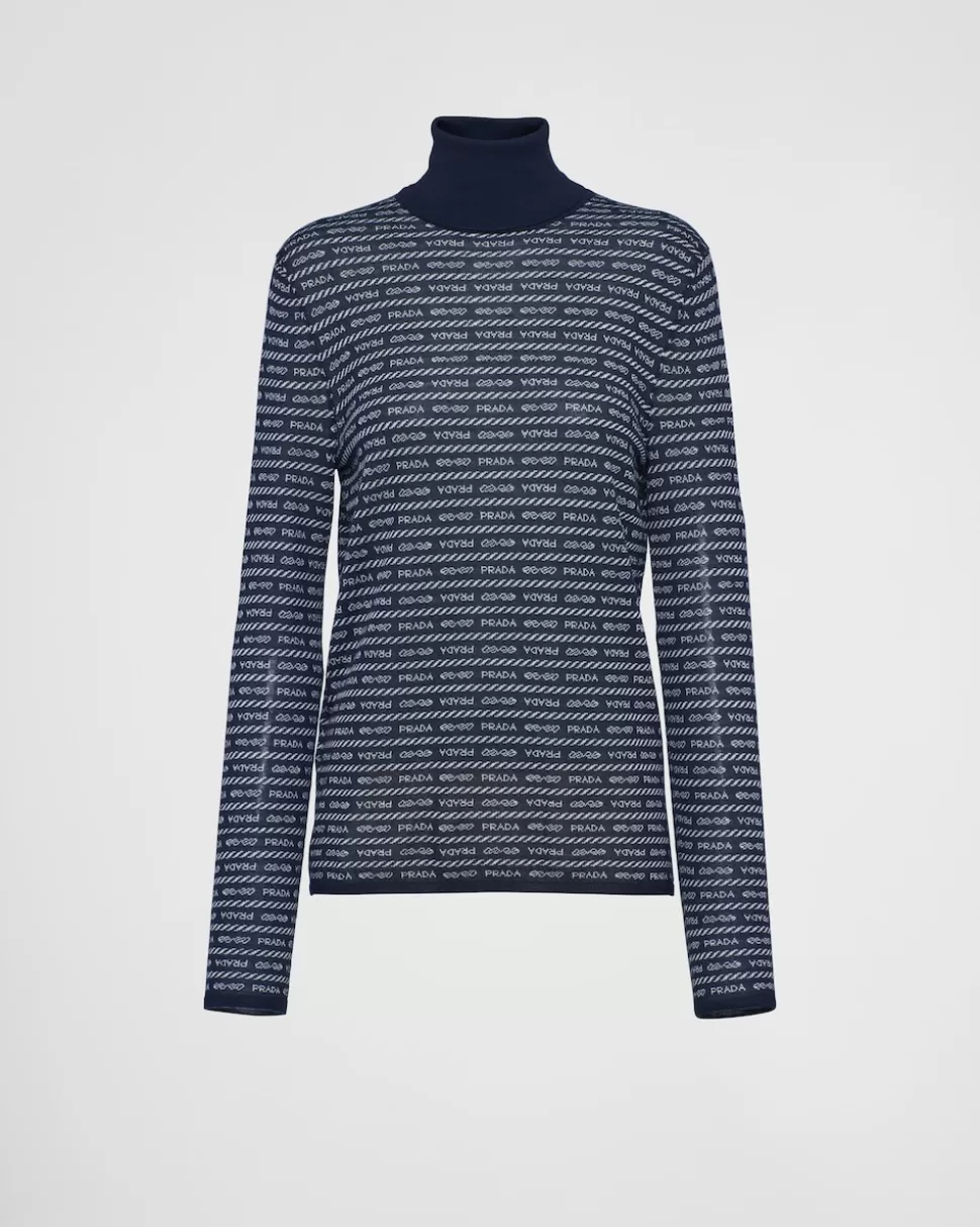 Hot Prada Rollkragenpullover Aus Superfine-wool Mit Intarsienlogo Blau/Weiss