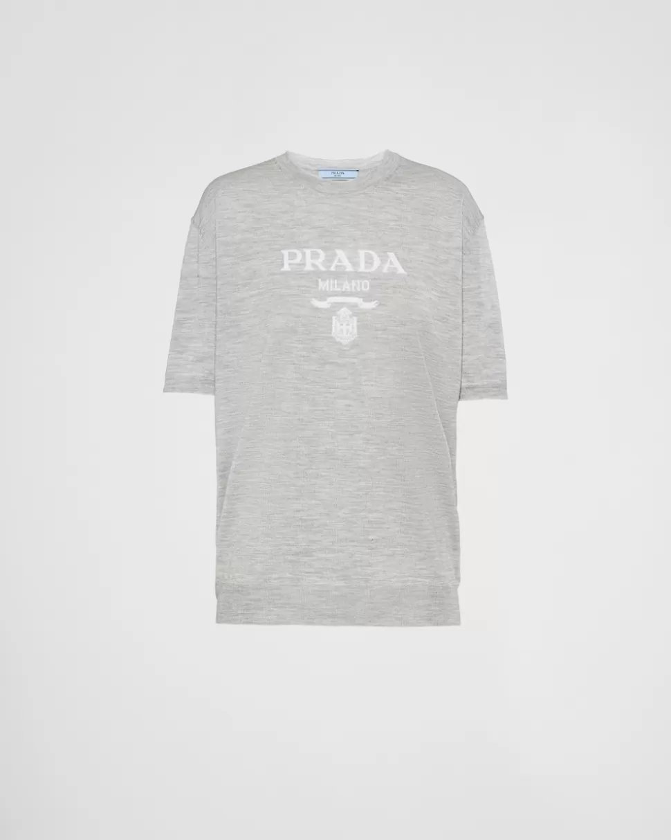 Discount Prada Rundhalspullover Aus Kaschmir Marmorgrau