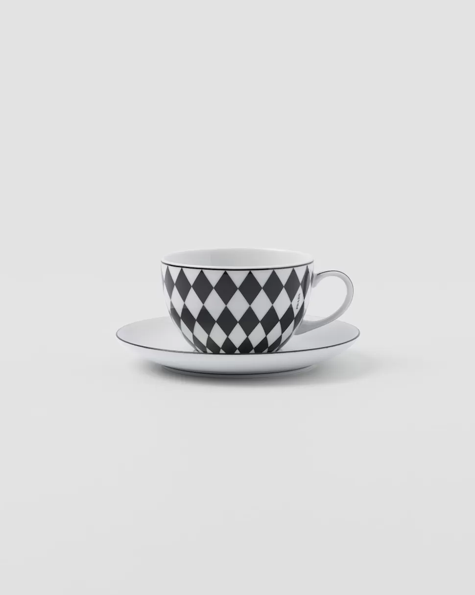 Cheap Prada Set Mit Zwei Cappuccinotassen Aus Porzellan – Checkerboard Weiss/Schwarz