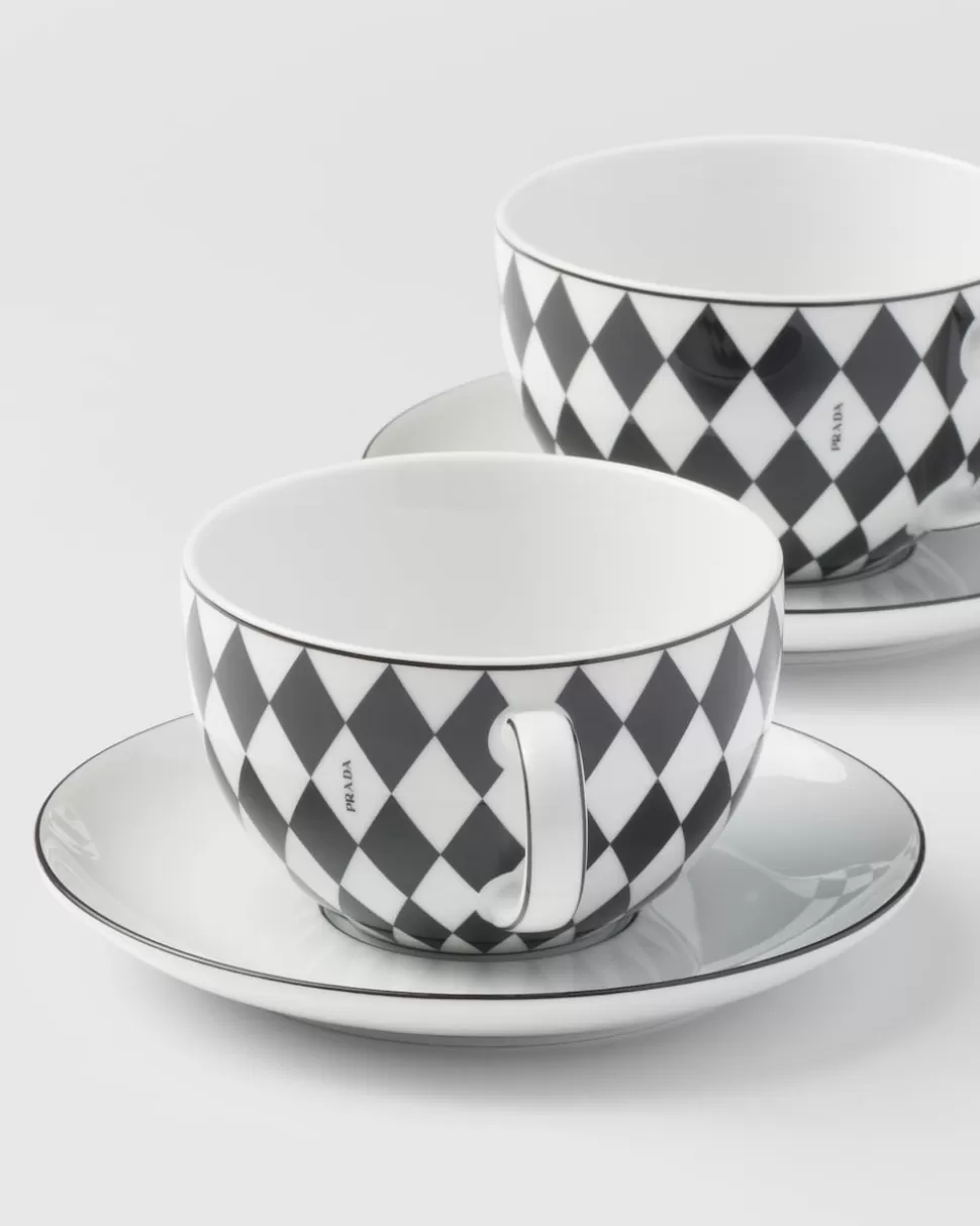 Cheap Prada Set Mit Zwei Cappuccinotassen Aus Porzellan – Checkerboard Weiss/Schwarz