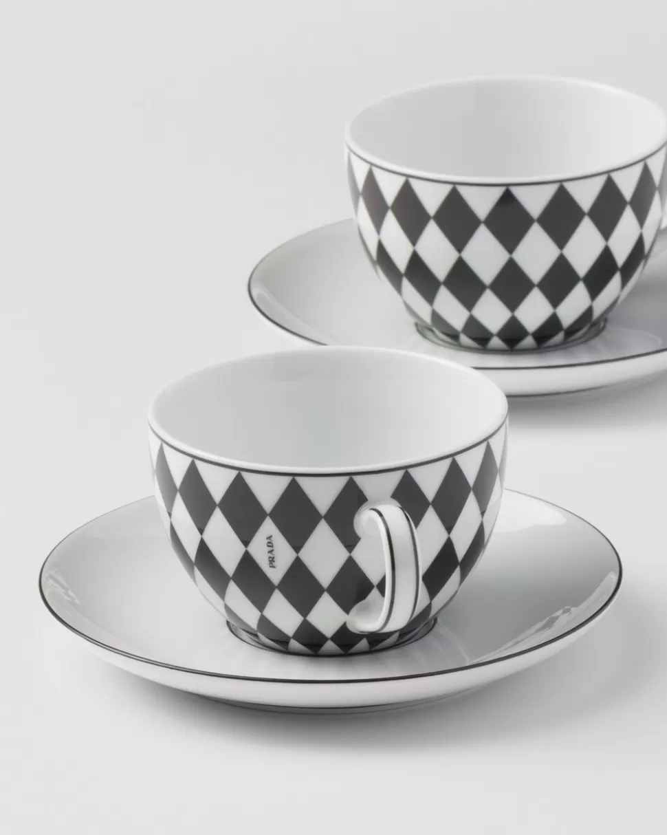 Cheap Prada Set Mit Zwei Teetassen Aus Porzellan – Checkerboard Weiss/Schwarz