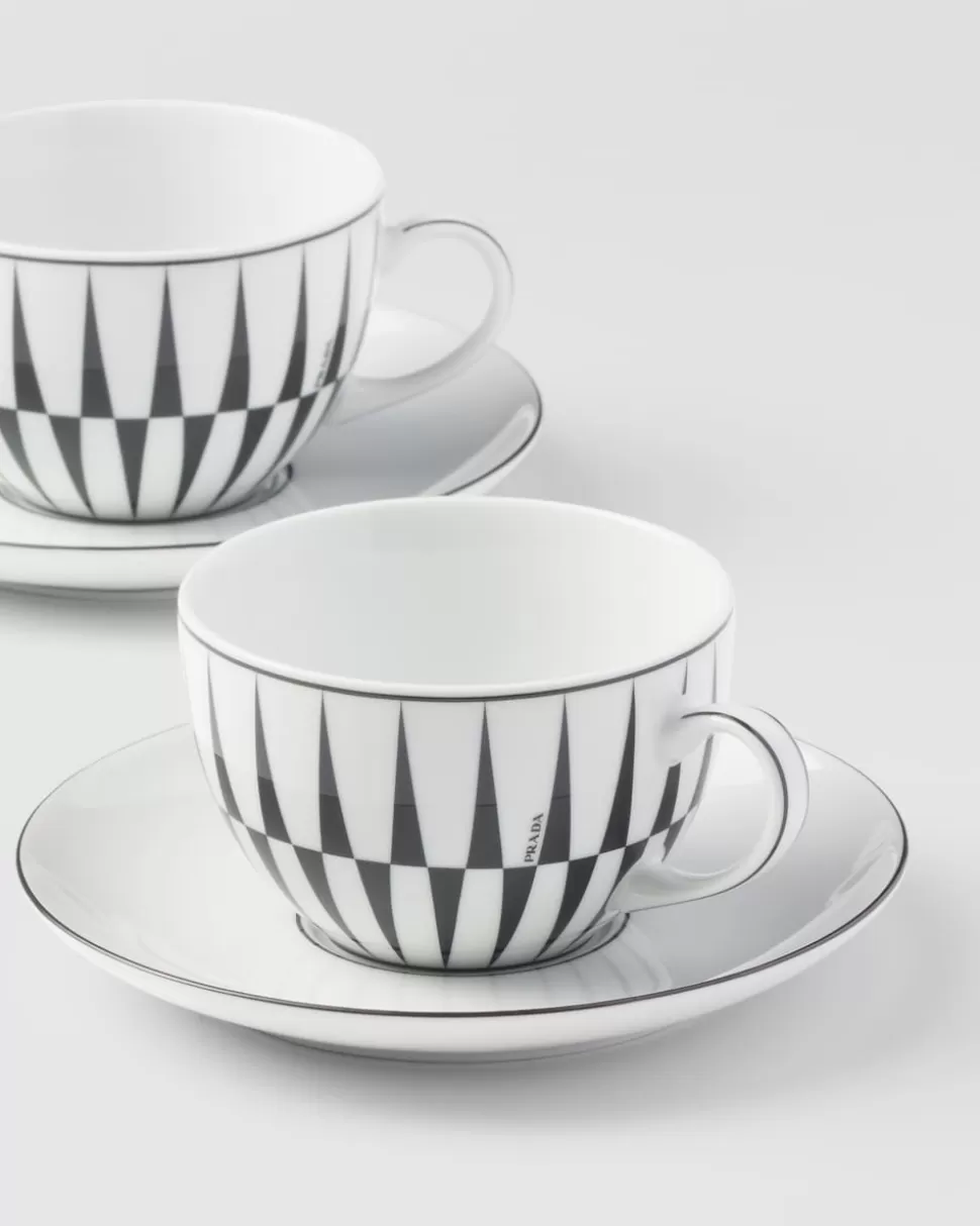 Cheap Prada Set Mit Zwei Teetassen Aus Porzellan – Stripes Weiss/Schwarz