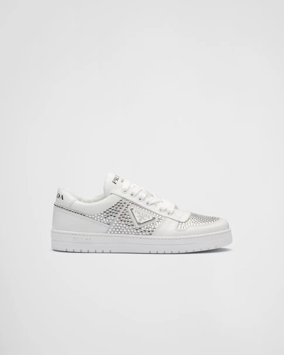 Cheap Prada Sneaker Aus Leder Mit Kristallen Weiss