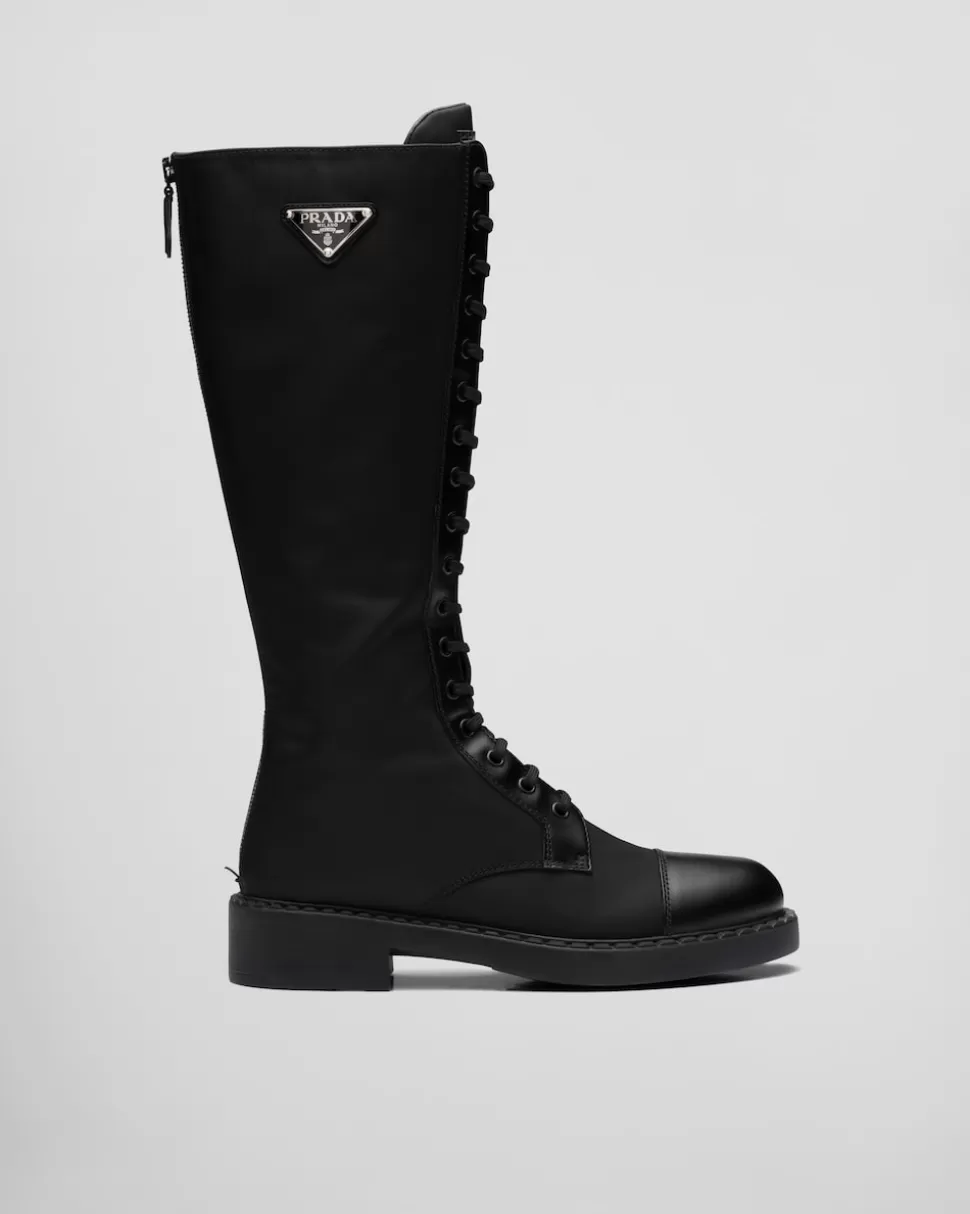 Discount Prada Stiefel Aus Gebürstetem Leder Und Re-nylon Schwarz