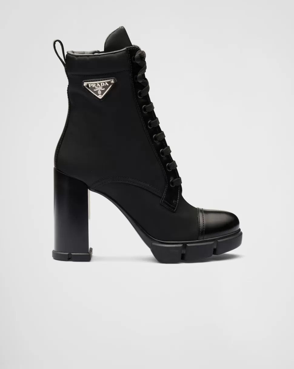 Discount Prada Stiefeletten Aus Gebürstetem Leder Und Re-nylon Schwarz